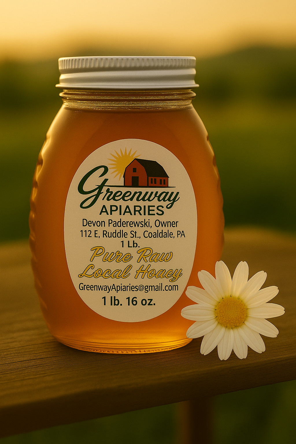 “One-pound classic glass jar filled with pure raw Pennsylvania wildflower honey by Greenway Apiaries, shown outdoors to highlight its natural golden color.”