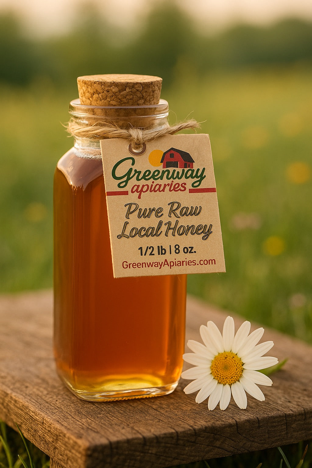 ½ lb Muth honey jar with cork top filled with pure raw Pennsylvania honey, locally harvested by Greenway Apiaries.