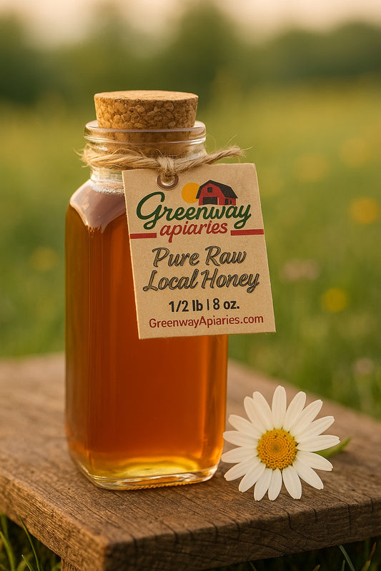 ½ lb Muth honey jar with cork top filled with pure raw Pennsylvania honey, locally harvested by Greenway Apiaries.