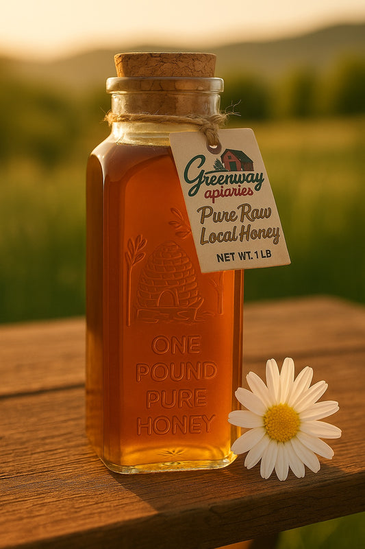 1 lb Muth jar with cork filled with raw Pennsylvania honey from Greenway Apiaries