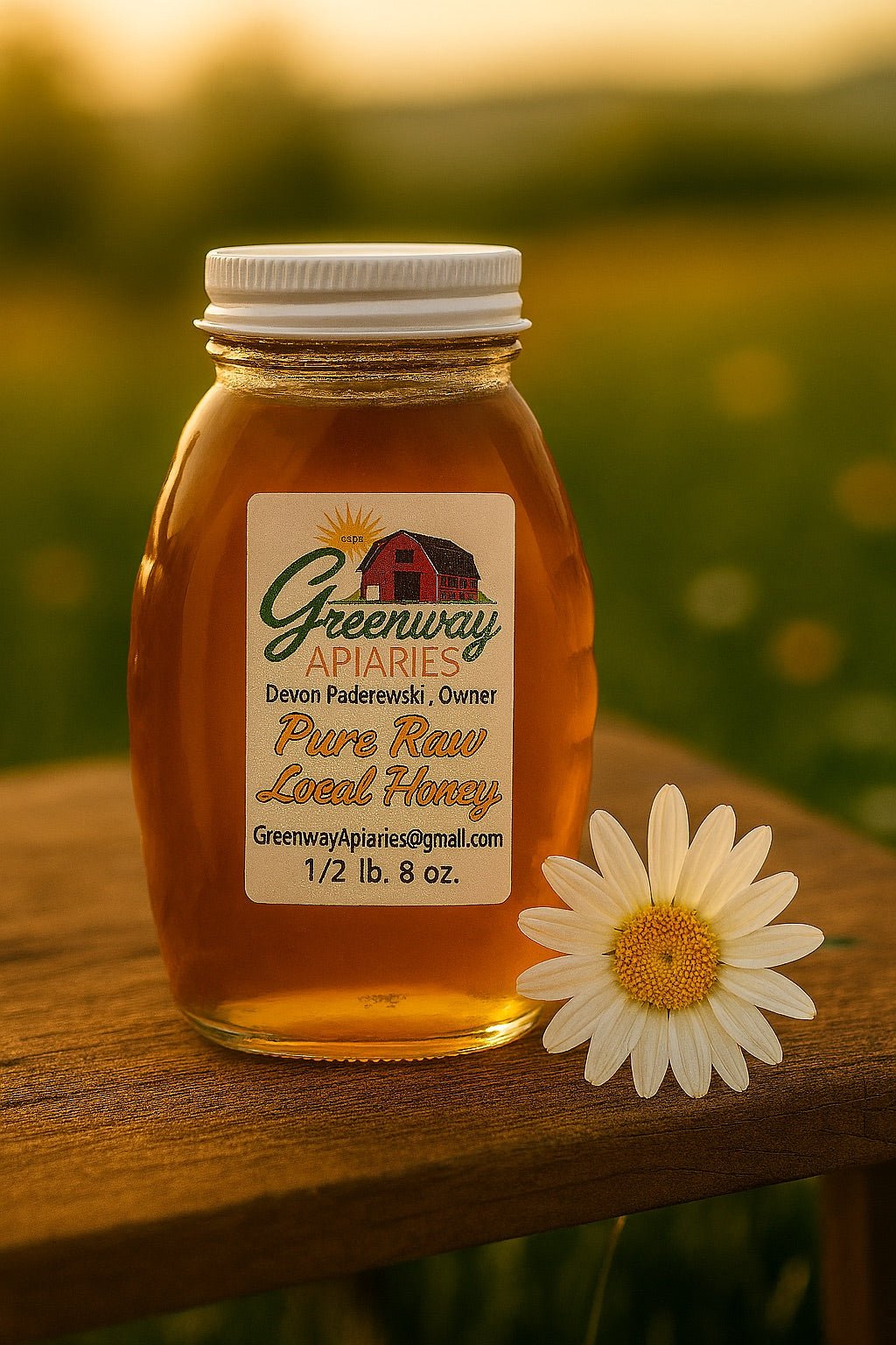 “Half-pound classic glass jar of pure raw Pennsylvania wildflower honey by Greenway Apiaries, displayed outdoors for natural color and clarity.”