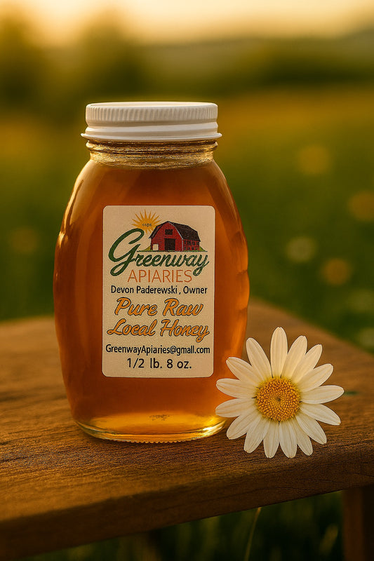 “Half-pound classic glass jar of pure raw Pennsylvania wildflower honey by Greenway Apiaries, displayed outdoors for natural color and clarity.”